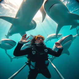 A woman scuba diving inside a protective cage, surrounded by majestic sharks