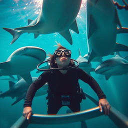 A woman scuba diving inside a protective cage, surrounded by majestic sharks