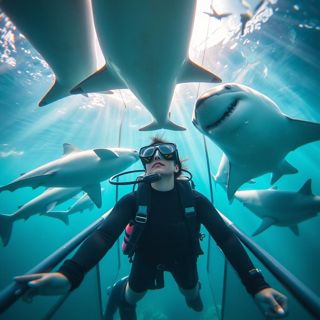 A woman scuba diving inside a protective cage, surrounded by majestic sharks