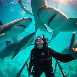 A woman scuba diving inside a protective cage, surrounded by majestic sharks