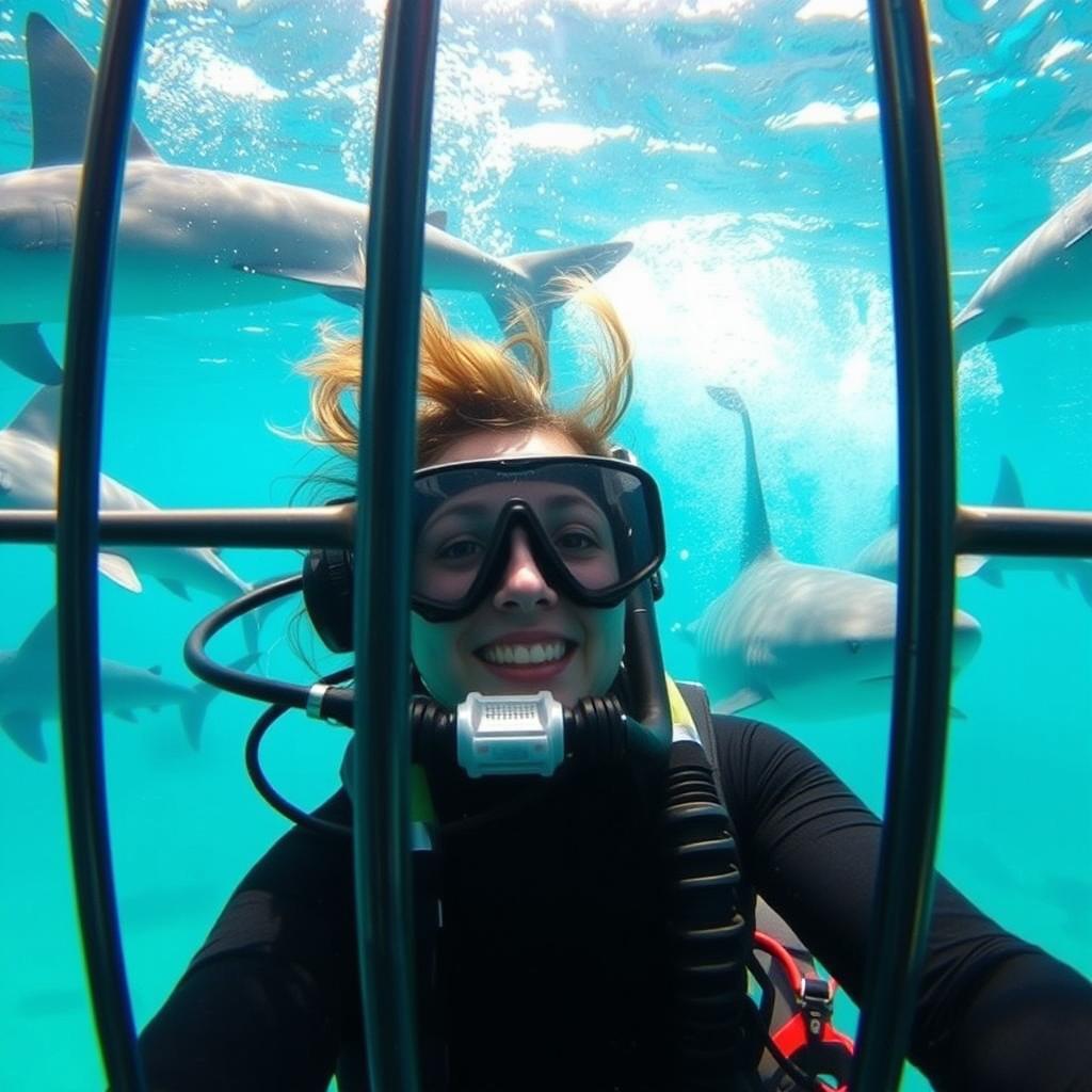 A woman inside a shark cage, immersed in an exhilarating underwater adventure