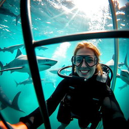 A woman inside a shark cage, immersed in an exhilarating underwater adventure