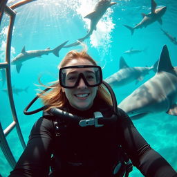 A woman inside a shark cage, immersed in an exhilarating underwater adventure