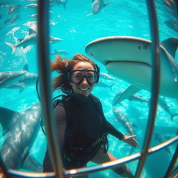 A woman inside a shark cage, immersed in an exhilarating underwater adventure