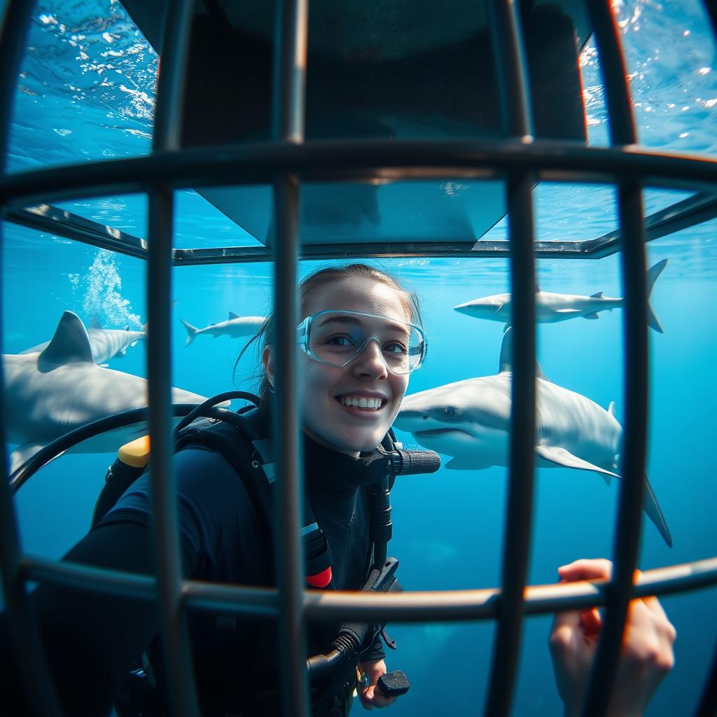 A thrilling view of a woman inside a shark cage, captured from outside the cage