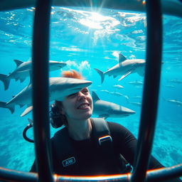 A thrilling view of a woman inside a shark cage, captured from outside the cage