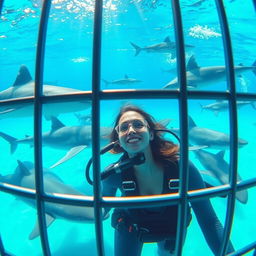 A thrilling view of a woman inside a shark cage, captured from outside the cage