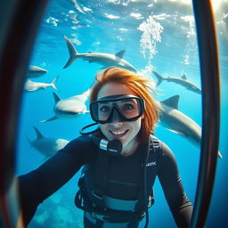 A thrilling view of a woman inside a shark cage, captured from outside the cage