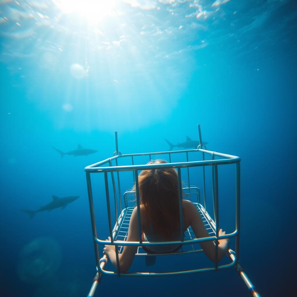 A distant view of a woman inside a shark cage, set against the backdrop of the ocean depths