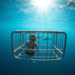 A distant view of a woman inside a shark cage, set against the backdrop of the ocean depths