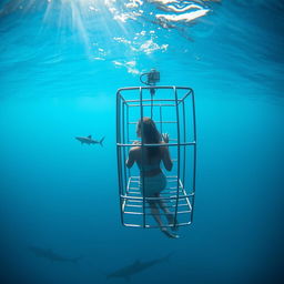 A distant view of a woman inside a shark cage, set against the backdrop of the ocean depths