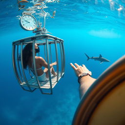 A distant view of a woman inside a shark cage, set against the backdrop of the ocean depths