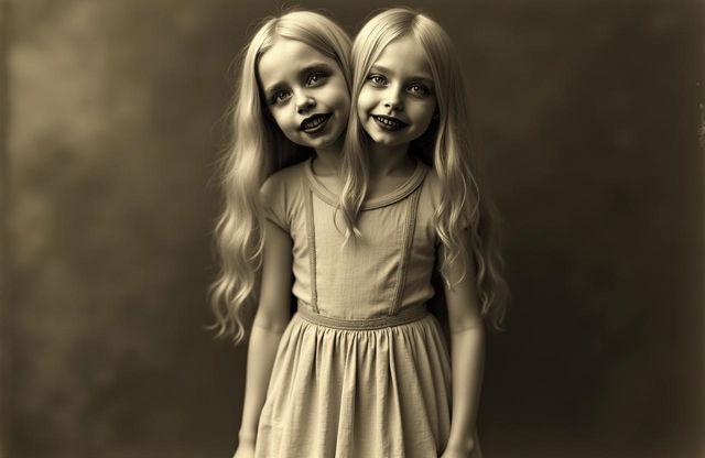 A vintage, historical photograph featuring a full body shot portrait of a two-headed girl, with both heads displaying a captivating and eerie charm