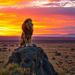 A majestic lion sitting proudly on a rocky cliff, overlooking an expansive savanna landscape at sunset