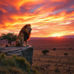 A majestic lion sitting proudly on a rocky cliff, overlooking an expansive savanna landscape at sunset