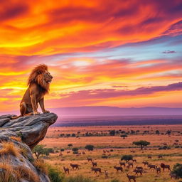 A majestic lion sitting proudly on a rocky cliff, overlooking an expansive savanna landscape at sunset