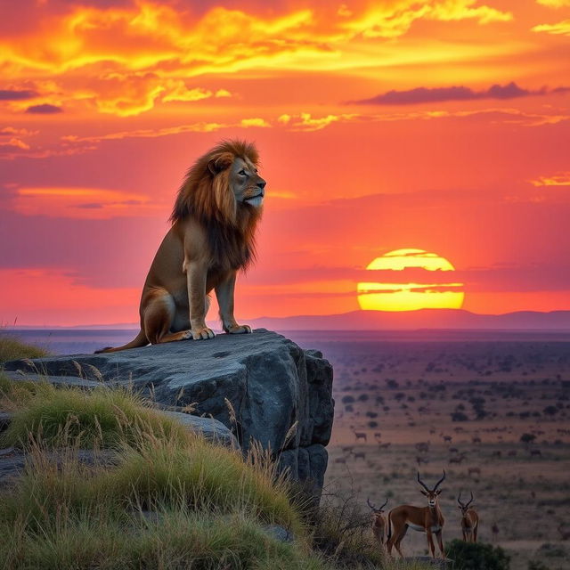 A majestic lion sitting proudly on a rocky cliff, overlooking an expansive savanna landscape at sunset