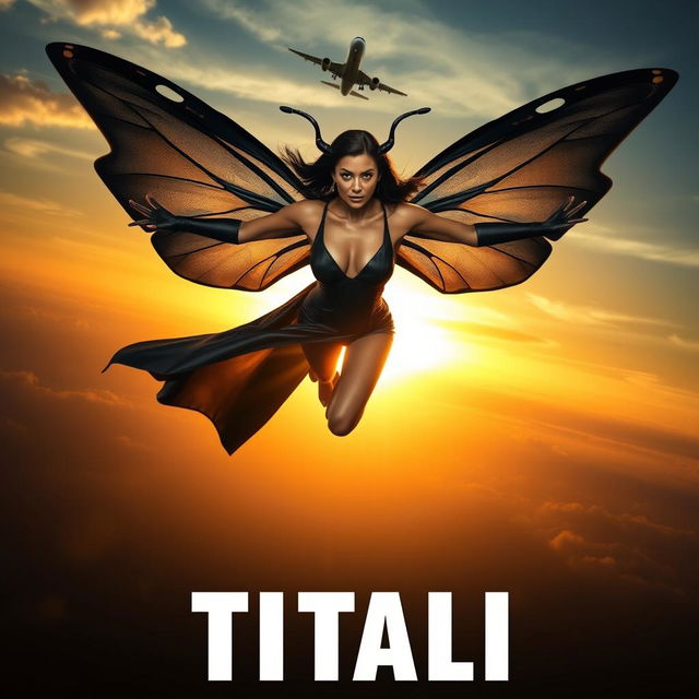 A stunning 30-year-old mutant woman with big black butterfly wings in a dynamic pose, soaring dangerously above the sky