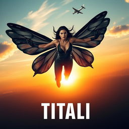 A stunning 30-year-old mutant woman with big black butterfly wings in a dynamic pose, soaring dangerously above the sky