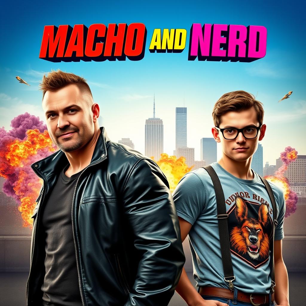 A cinematic movie poster for a buddy cop comedy titled 'Macho and Nerd', featuring two contrasting characters: a rugged, muscular man with a confident smirk, dressed in a leather jacket, and a slightly awkward, bespectacled nerd, wearing a graphic t-shirt and suspenders