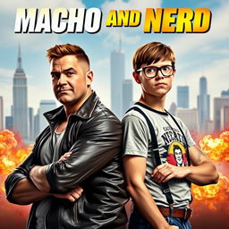 A cinematic movie poster for a buddy cop comedy titled 'Macho and Nerd', featuring two contrasting characters: a rugged, muscular man with a confident smirk, dressed in a leather jacket, and a slightly awkward, bespectacled nerd, wearing a graphic t-shirt and suspenders