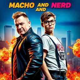 A cinematic movie poster for a buddy cop comedy titled 'Macho and Nerd', featuring two contrasting characters: a rugged, muscular man with a confident smirk, dressed in a leather jacket, and a slightly awkward, bespectacled nerd, wearing a graphic t-shirt and suspenders