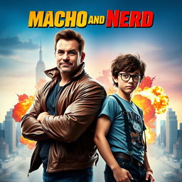 A cinematic movie poster for a buddy cop comedy titled 'Macho and Nerd', featuring two contrasting characters: a rugged, muscular man with a confident smirk, dressed in a leather jacket, and a slightly awkward, bespectacled nerd, wearing a graphic t-shirt and suspenders