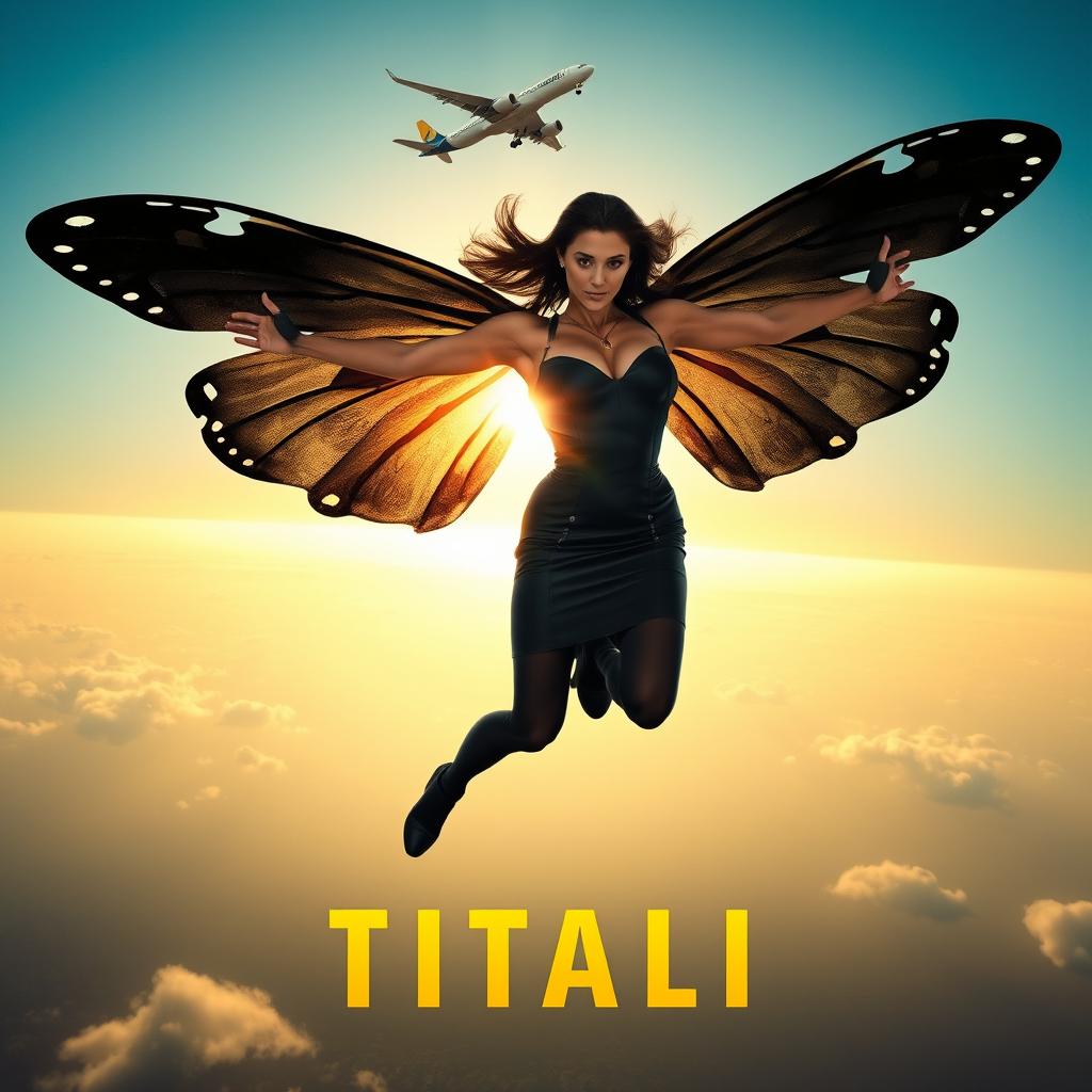 A stunning 30-year-old mutant woman with large black butterfly wings, set in a dynamic and powerful pose, soaring dangerously high above the sky