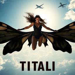 A stunning 30-year-old mutant woman with large black butterfly wings, set in a dynamic and powerful pose, soaring dangerously high above the sky