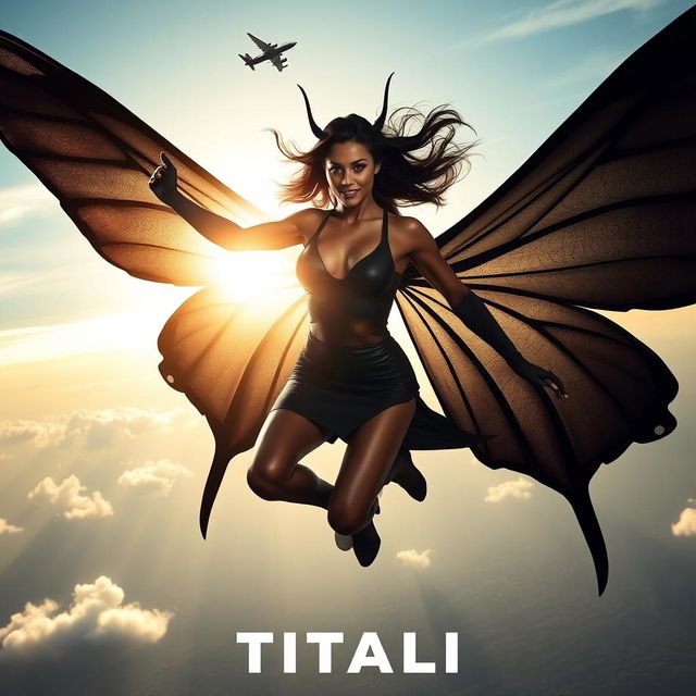 A stunning 30-year-old mutant woman with large black butterfly wings, set in a dynamic and powerful pose, soaring dangerously high above the sky