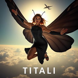 A stunning 30-year-old mutant woman with large black butterfly wings, set in a dynamic and powerful pose, soaring dangerously high above the sky