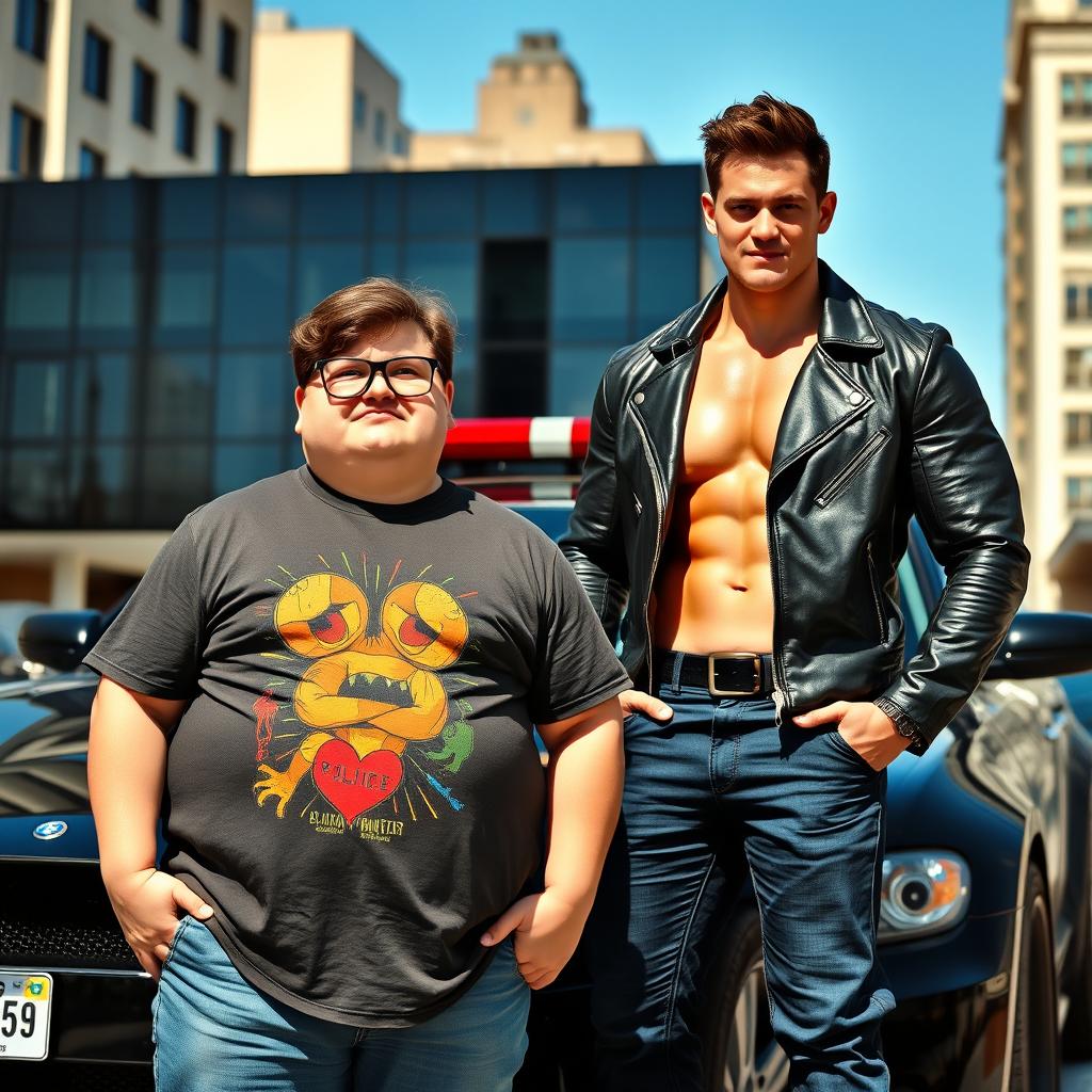 A scene featuring a chubby nerd of average height and a tall macho guy, both standing confidently in front of a sleek black police car