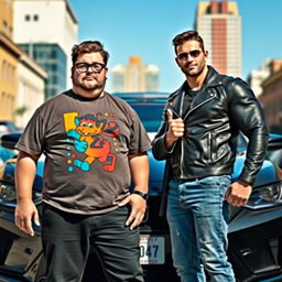 A scene featuring a chubby nerd of average height and a tall macho guy, both standing confidently in front of a sleek black police car