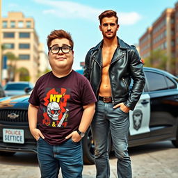 A scene featuring a chubby nerd of average height and a tall macho guy, both standing confidently in front of a sleek black police car