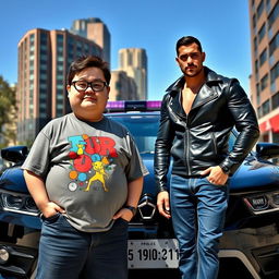 A scene featuring a chubby nerd of average height and a tall macho guy, both standing confidently in front of a sleek black police car