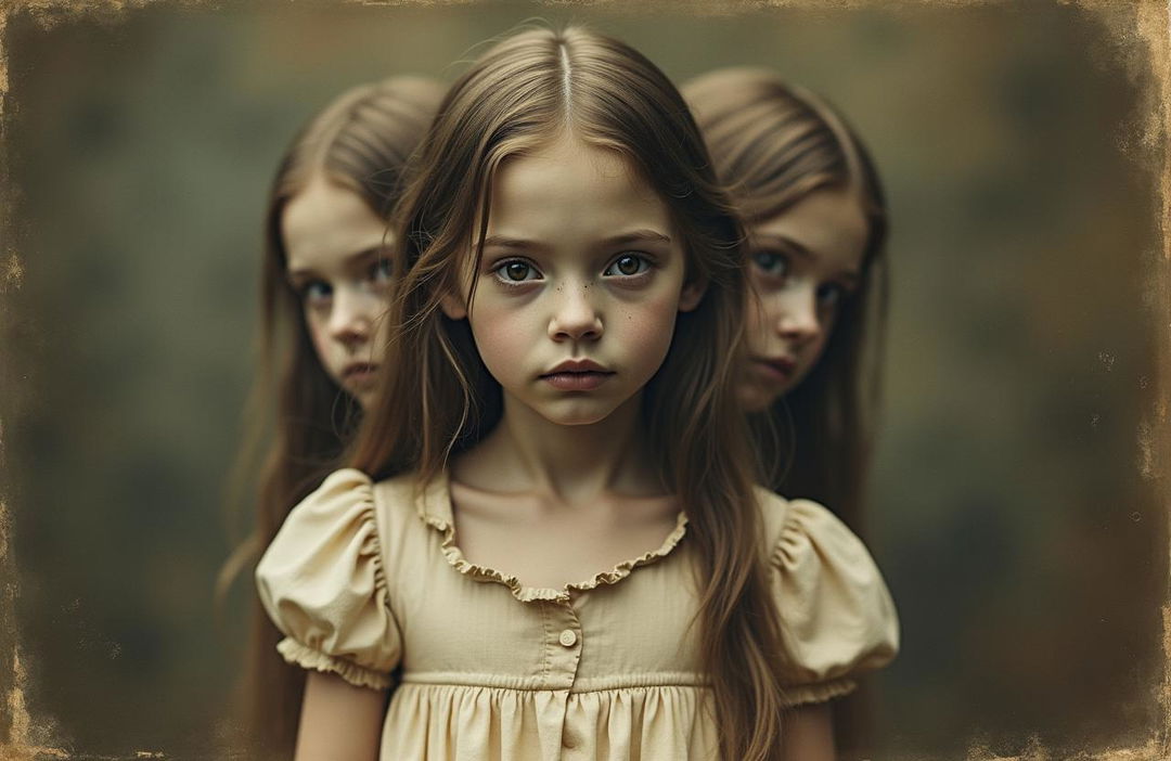 A vintage, heavily aged and faded photograph featuring a full body shot portrait of a two-headed girl, with both heads captivating and eerily charming