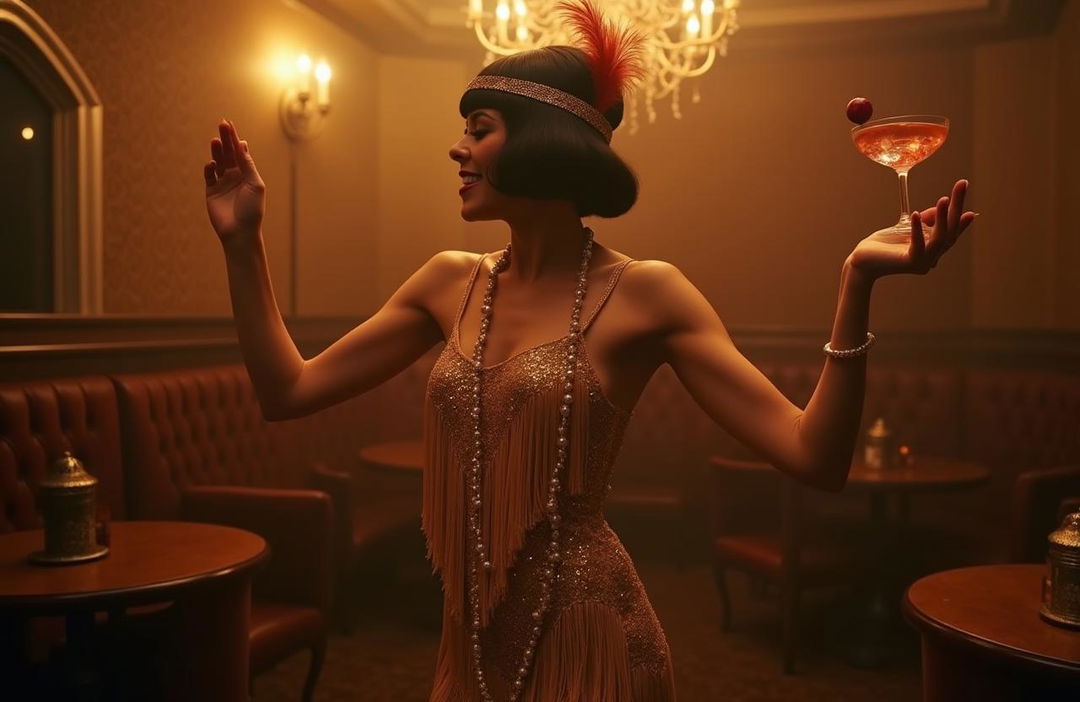 A vintage-inspired scene featuring a woman dressed in a classic 1920s flapper dress, adorned with sequins and fringe, dancing joyfully in a softly lit, retro speakeasy