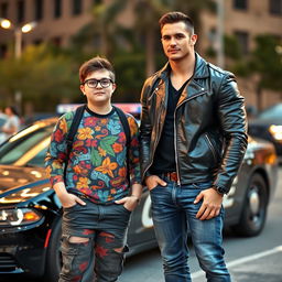 A thick, short nerd wearing glasses, showing an array of quirky, colorful clothing, stand next to a tall macho guy with a chiseled jaw, clad in a fitted leather jacket and jeans