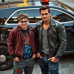 A thick, short nerd wearing glasses, showing an array of quirky, colorful clothing, stand next to a tall macho guy with a chiseled jaw, clad in a fitted leather jacket and jeans