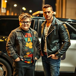 A thick, short nerd wearing glasses, showing an array of quirky, colorful clothing, stand next to a tall macho guy with a chiseled jaw, clad in a fitted leather jacket and jeans