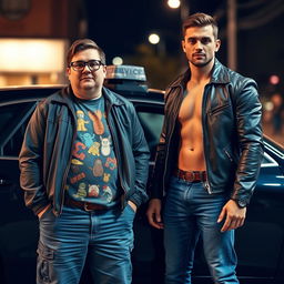 A thick, short nerd wearing glasses, showing an array of quirky, colorful clothing, stand next to a tall macho guy with a chiseled jaw, clad in a fitted leather jacket and jeans