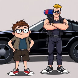 A cartoon-style scene featuring a short, chubby nerd with glasses and a quirky outfit standing next to a tall, muscular macho guy in a stylish outfit