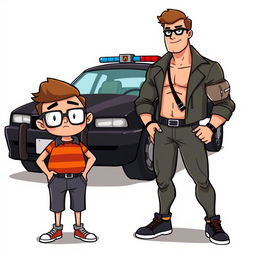 A cartoon-style scene featuring a short, chubby nerd with glasses and a quirky outfit standing next to a tall, muscular macho guy in a stylish outfit