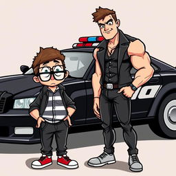 A cartoon-style scene featuring a short, chubby nerd with glasses and a quirky outfit standing next to a tall, muscular macho guy in a stylish outfit