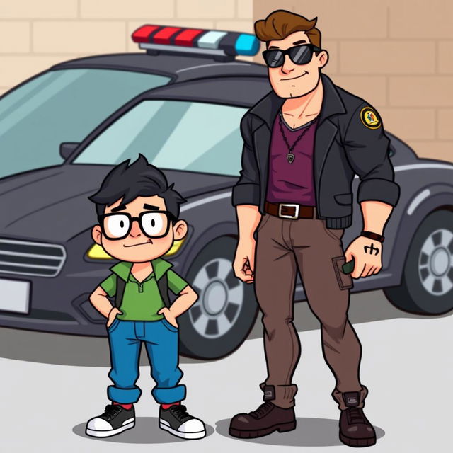 A cartoon-style scene featuring a short, chubby nerd with glasses and a quirky outfit standing next to a tall, muscular macho guy in a stylish outfit