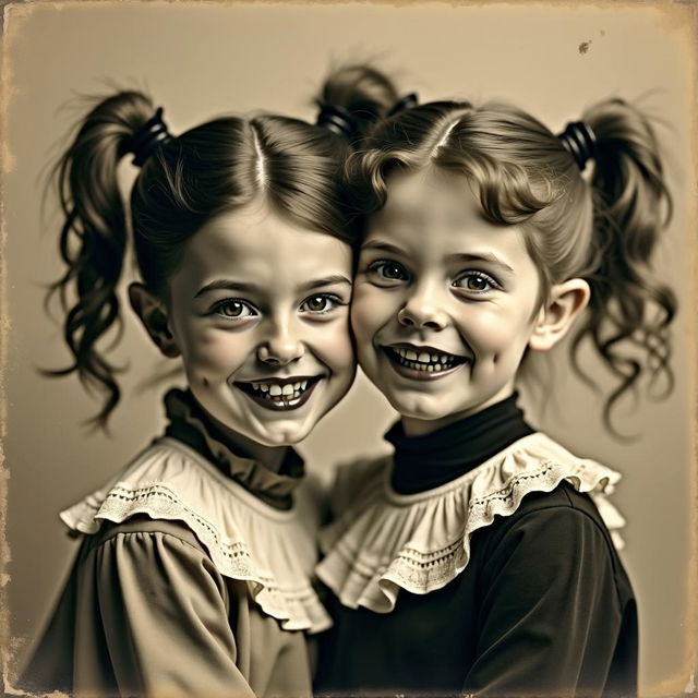 A vintage portrait of a two-headed vampire girl, each head adorned with playful pigtails and showcasing long vampire teeth