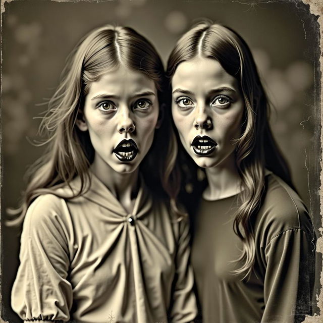 A vintage historical full body portrait of a two-headed girl, featuring elongated vampire canine teeth