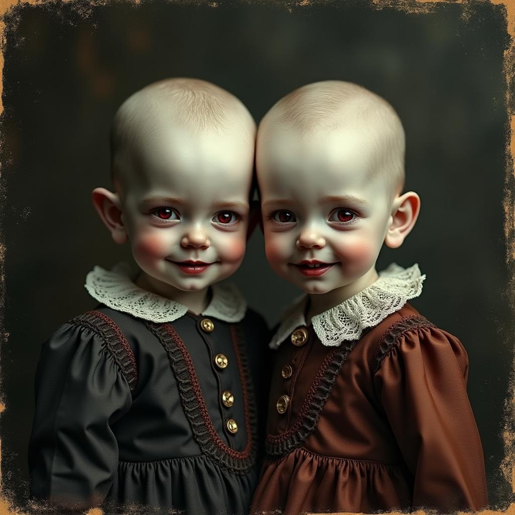 A hauntingly beautiful antique portrait featuring a two-headed vampire child, set against a dark, moody background