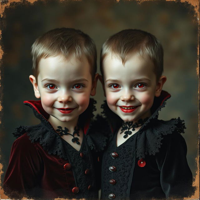 A captivating antique portrait of a two-headed vampire child, both heads displaying sharp vampire teeth in a mischievous smile