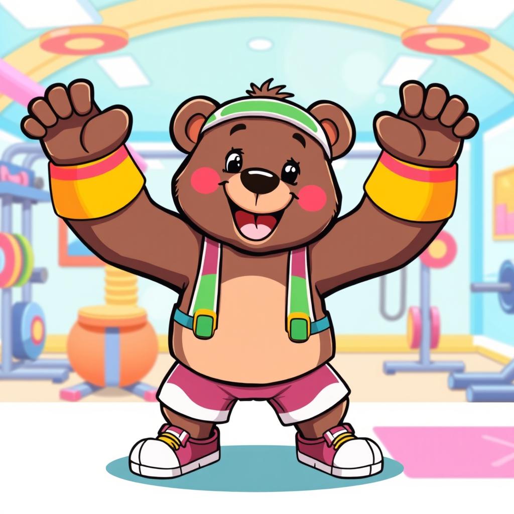 A cartoon-style illustration of a cute bear doing exercises